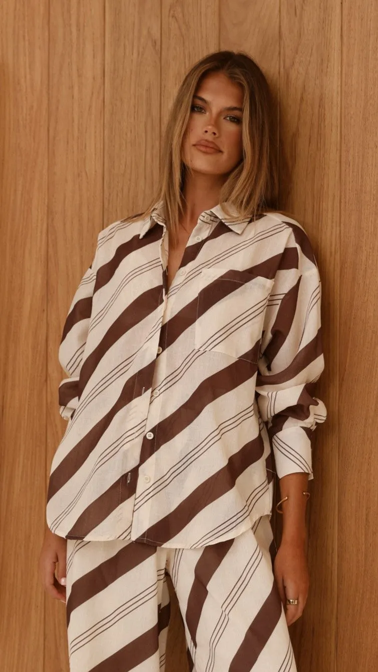 Torrey Button Up Long Sleeve Shirt - Cream/Cacao lightweight pants LowBulkFabric