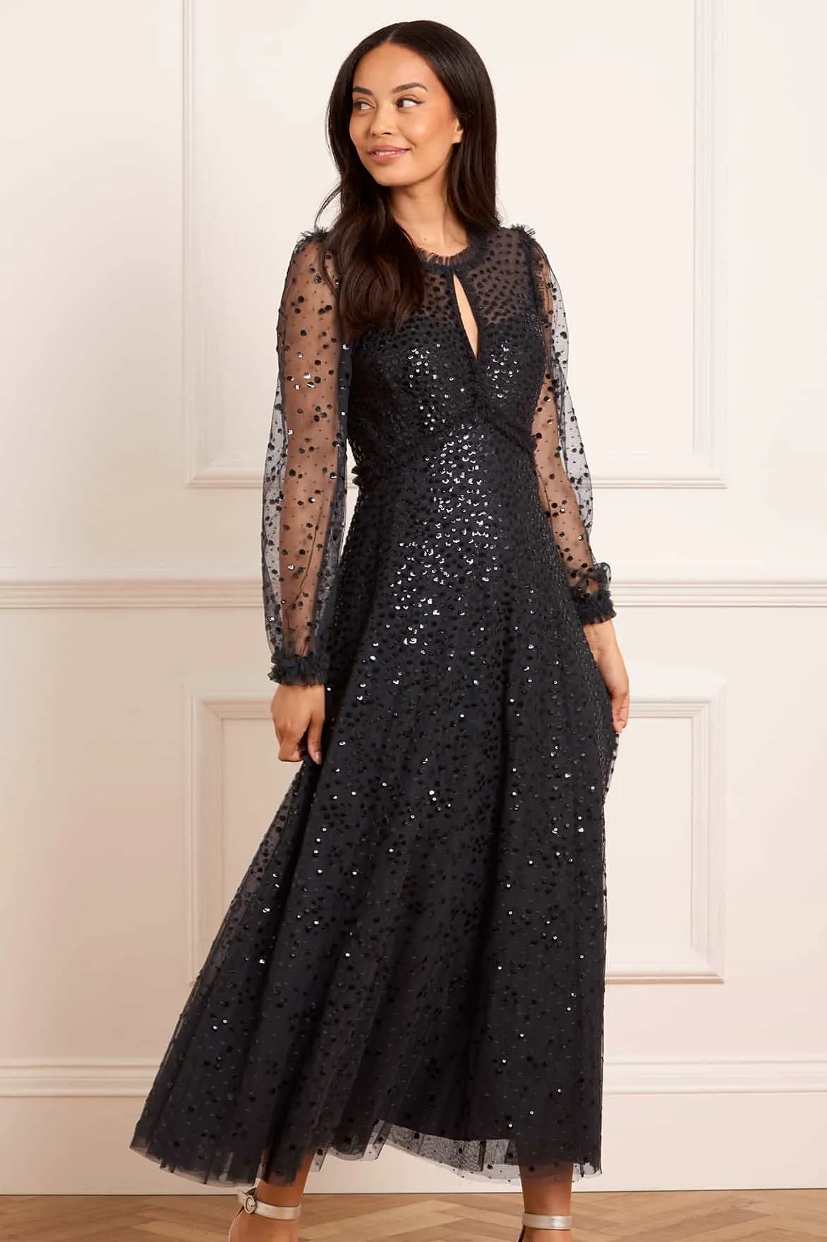Dappled Sequin Long Sleeve Ankle Gown Ruched-Detail Subtle Finish