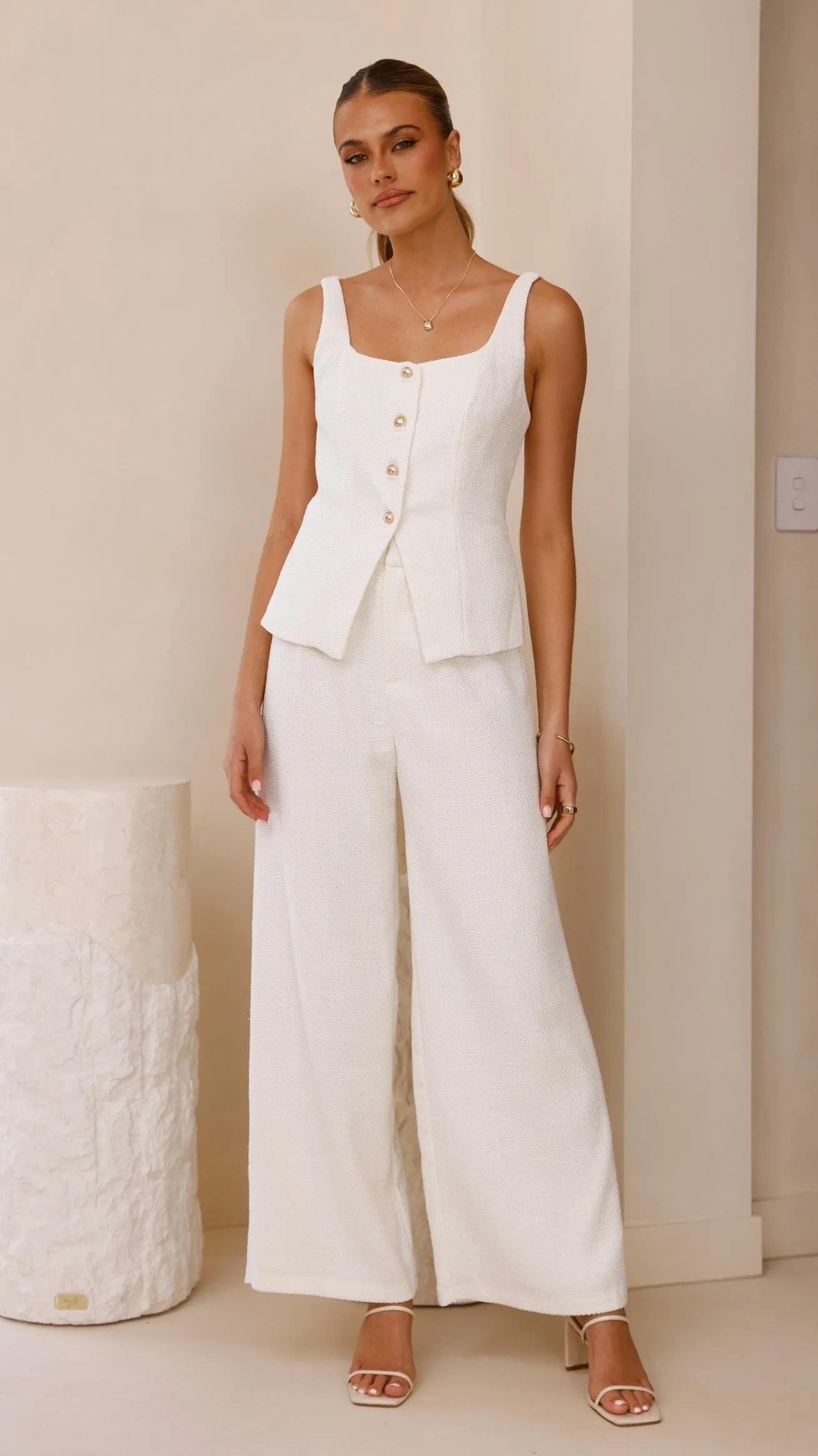 Karrina Tweed Button Up Vest and Pants Set - White Eco Core
