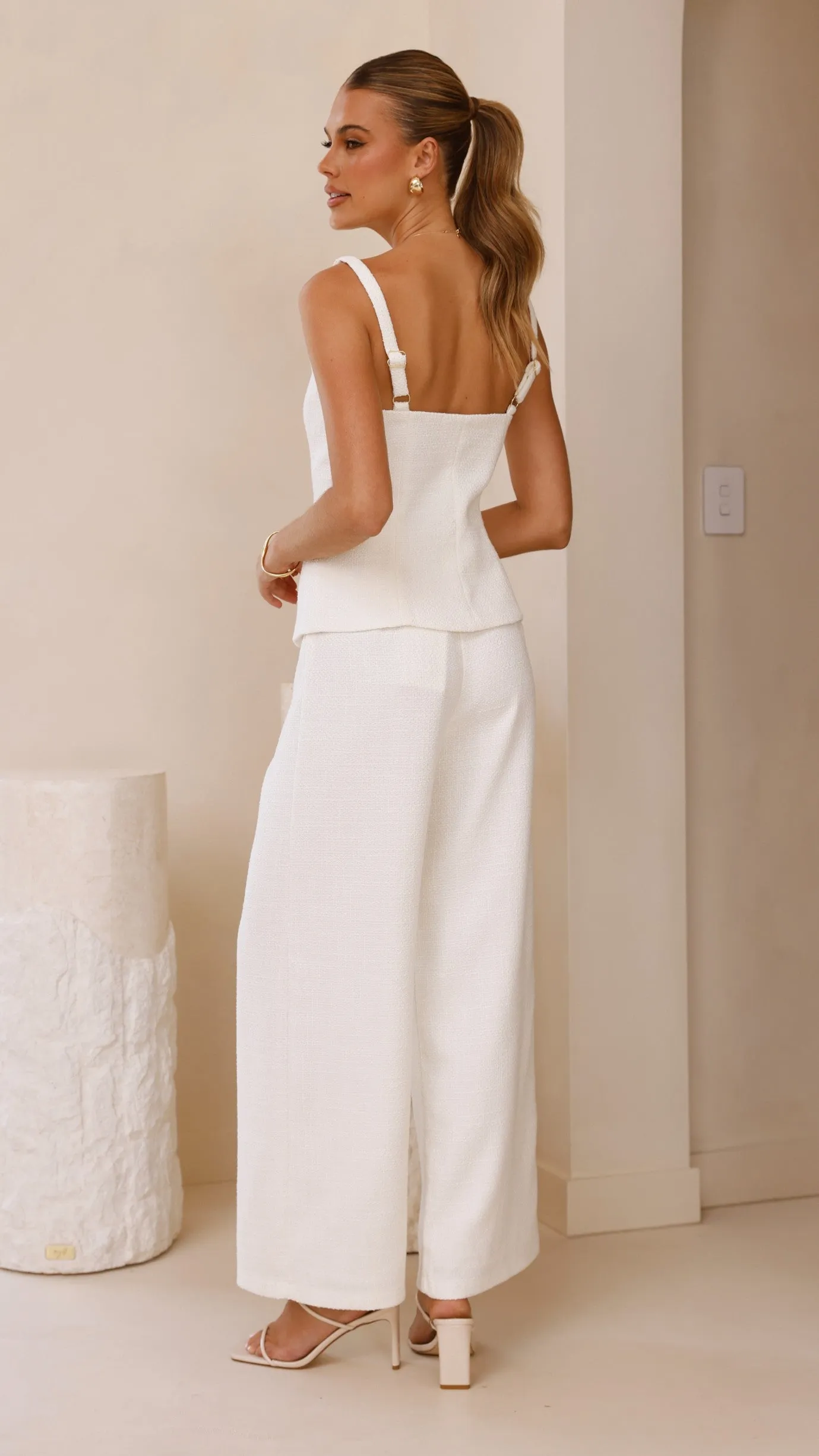 AdjustableHemline Karrina Tweed Button Up Vest and Pants Set - White