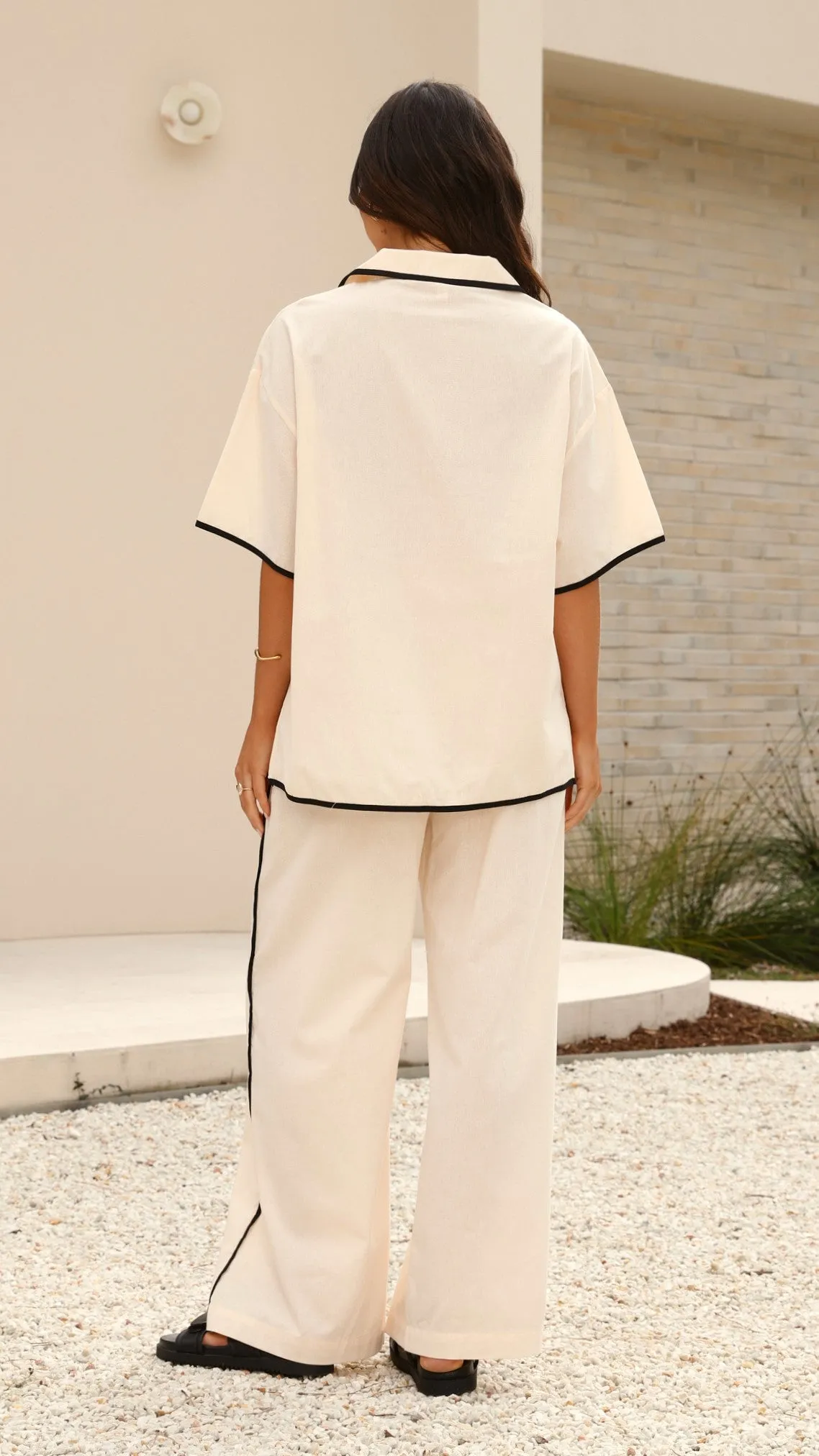 Basima Tie Shirt - Beige / Black ElasticCuffDesign