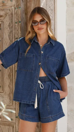 Adia Top and Shorts Set - Dark Denim Linen Soul NonSlip Grips