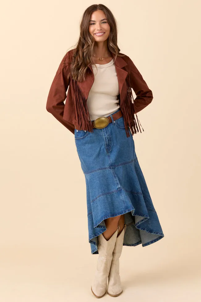 Christina Brown Faux Suede Fringe Jacket Breathable mesh lining