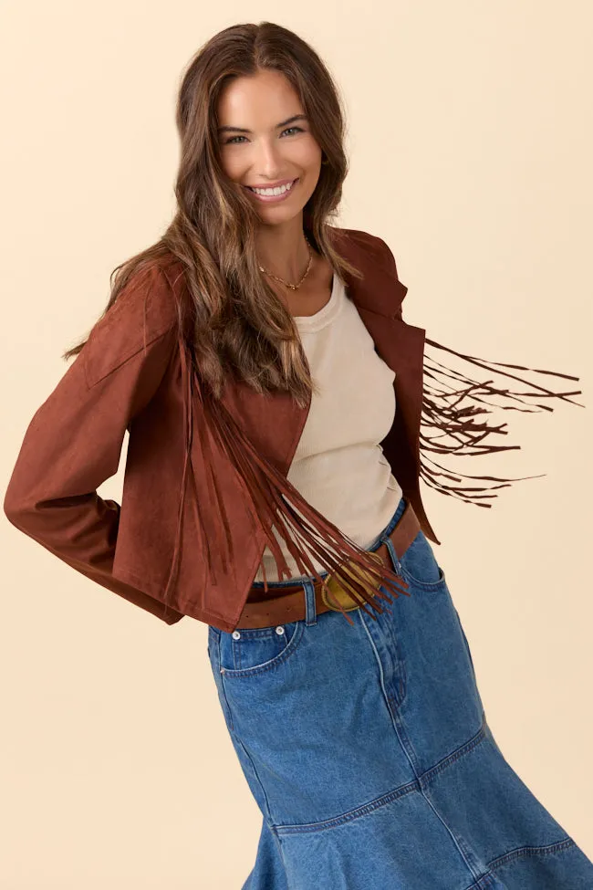 Moisture Wicking Lining Christina Brown Faux Suede Fringe Jacket
