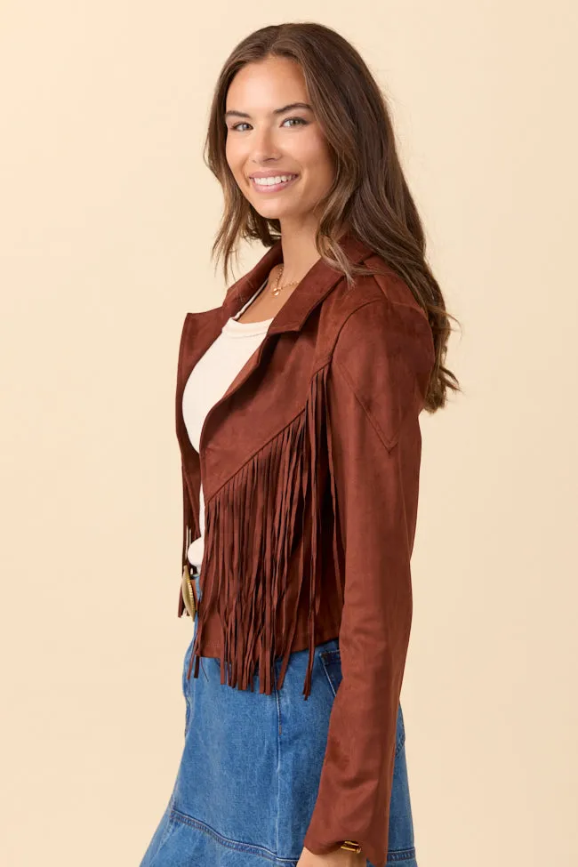 Christina Brown Faux Suede Fringe Jacket anti static coating Rubberized Trims