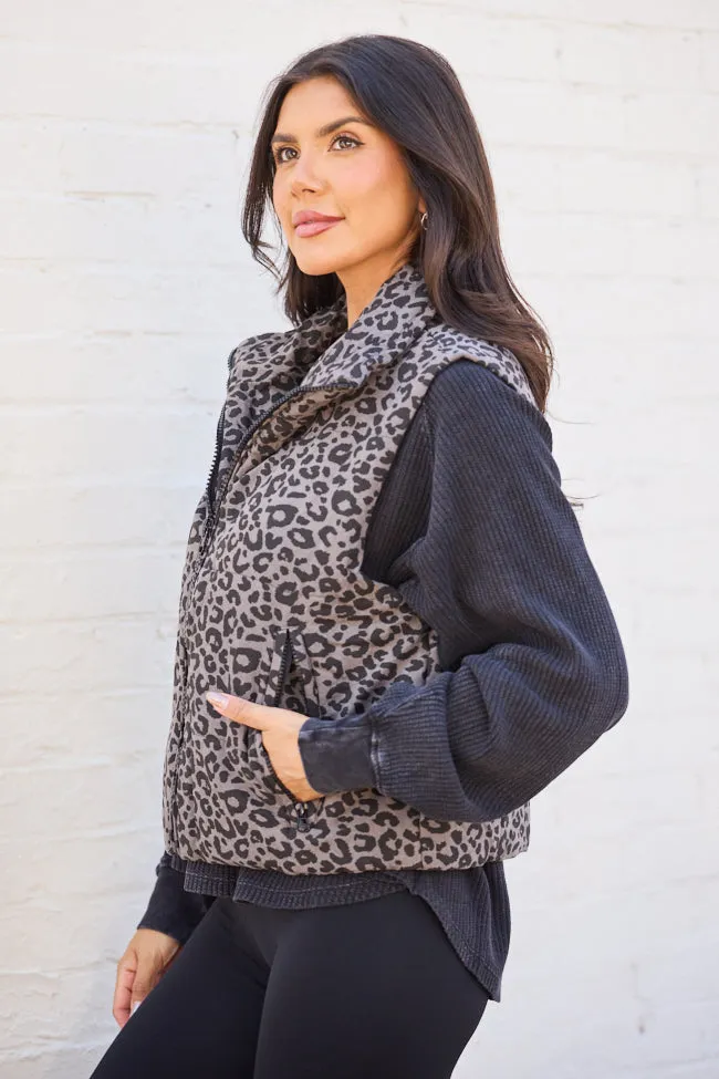 Everett Black Multi Leopard Puffer Vest Full Zip Closure Snow Ready Outfit