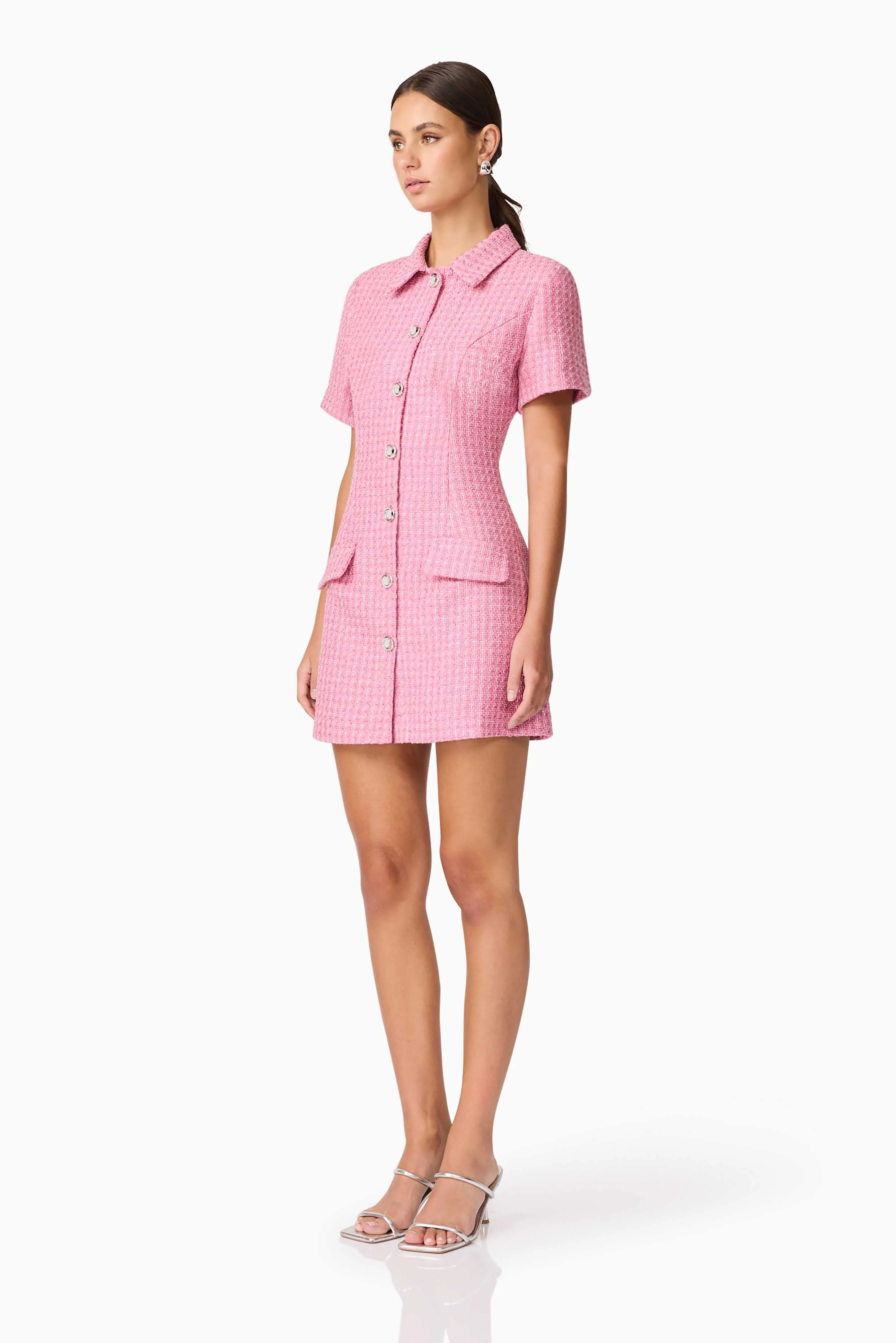 Alia Short Sleeve Mini Dress in Pink Vibrant pattern Flattering Fit Wear