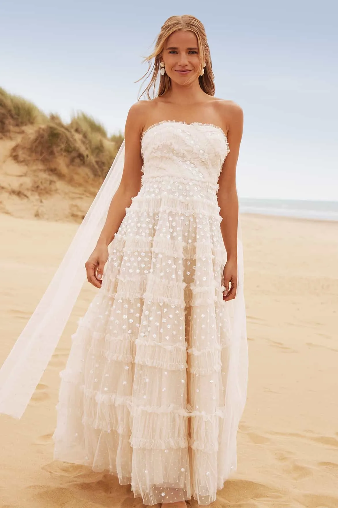 Bold Look Flattering bodycon dress Dot Shimmer Tiered Strapless Ankle Gown