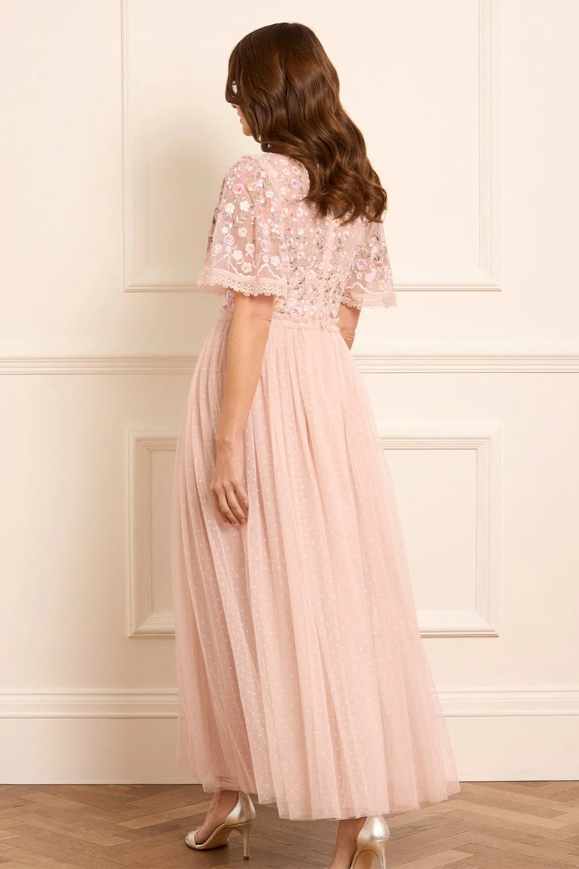 Rosie Lace Bodice Short Sleeve V-Neck Ankle Gown Chic Waistband