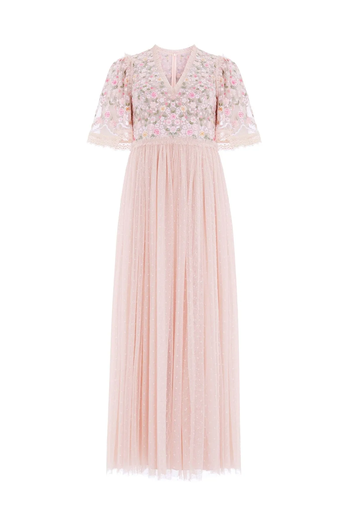 Rosie Lace Bodice Short Sleeve V-Neck Ankle Gown Chic and Stylish