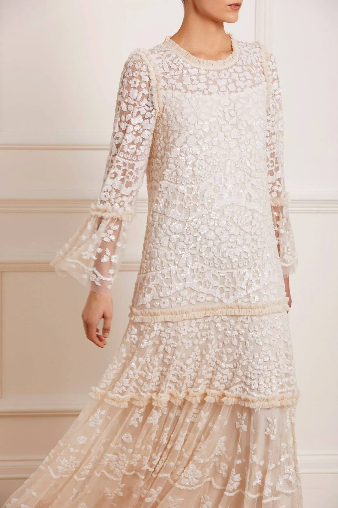 Versatile dress for layering Cozy Vibes Annie Sequin Tiered Ankle Gown