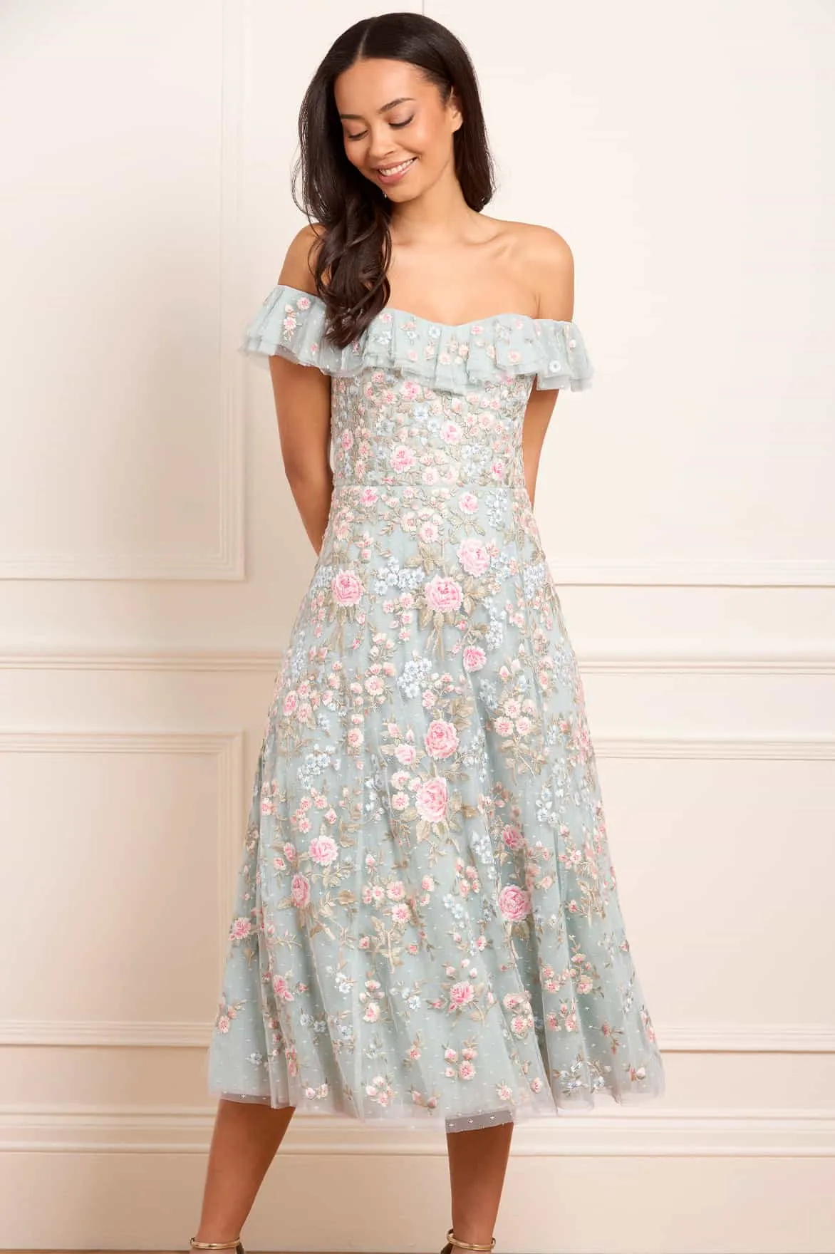 Breathable Feel Antoinettes Floral Off-Shoulder Ballerina Dress