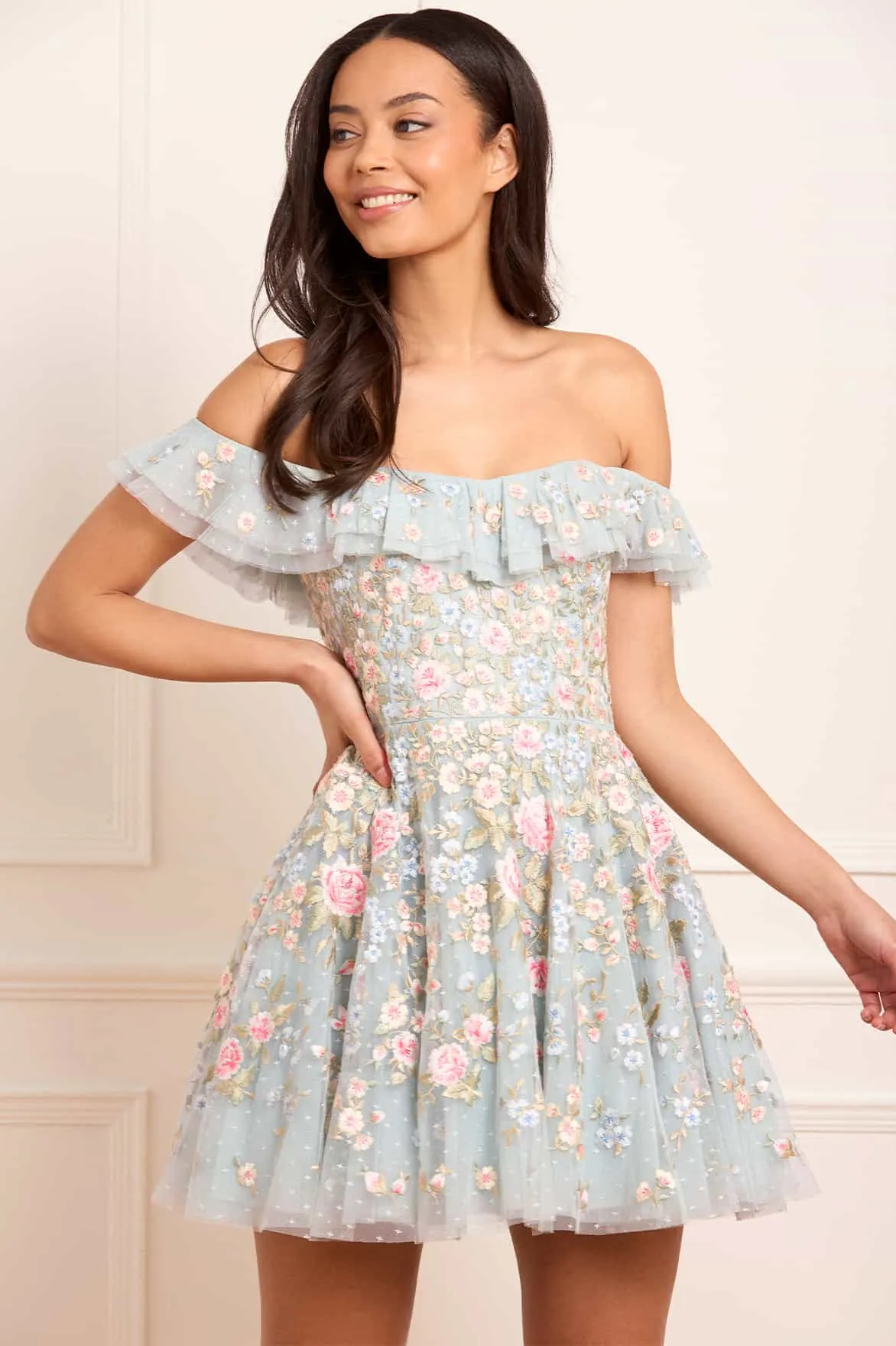 Antoinettes Floral Off-Shoulder Micro Mini Dress Lunch Date
