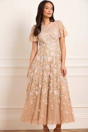 Relaxed Movement Sleek Volume Antoinettes Floral Round Neck Ankle Gown