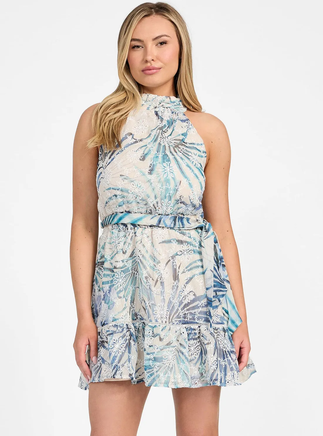 Eco Blue Palm Print Daniele Mini Flare Dress Beauty Zone