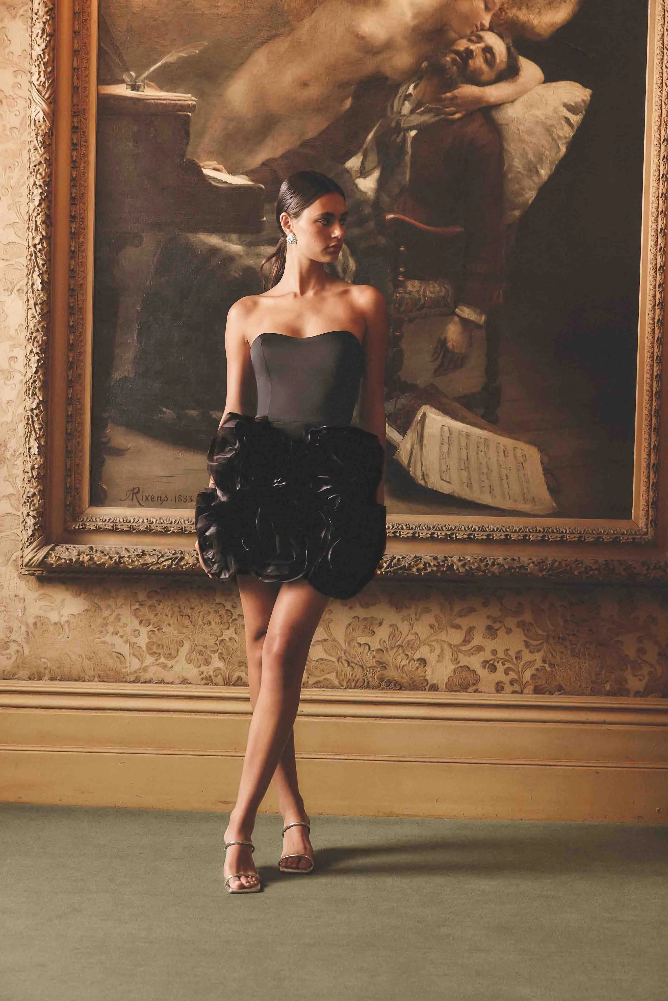 Asher Strapless Mini Dress in Black Applique-Detail Evening Classic