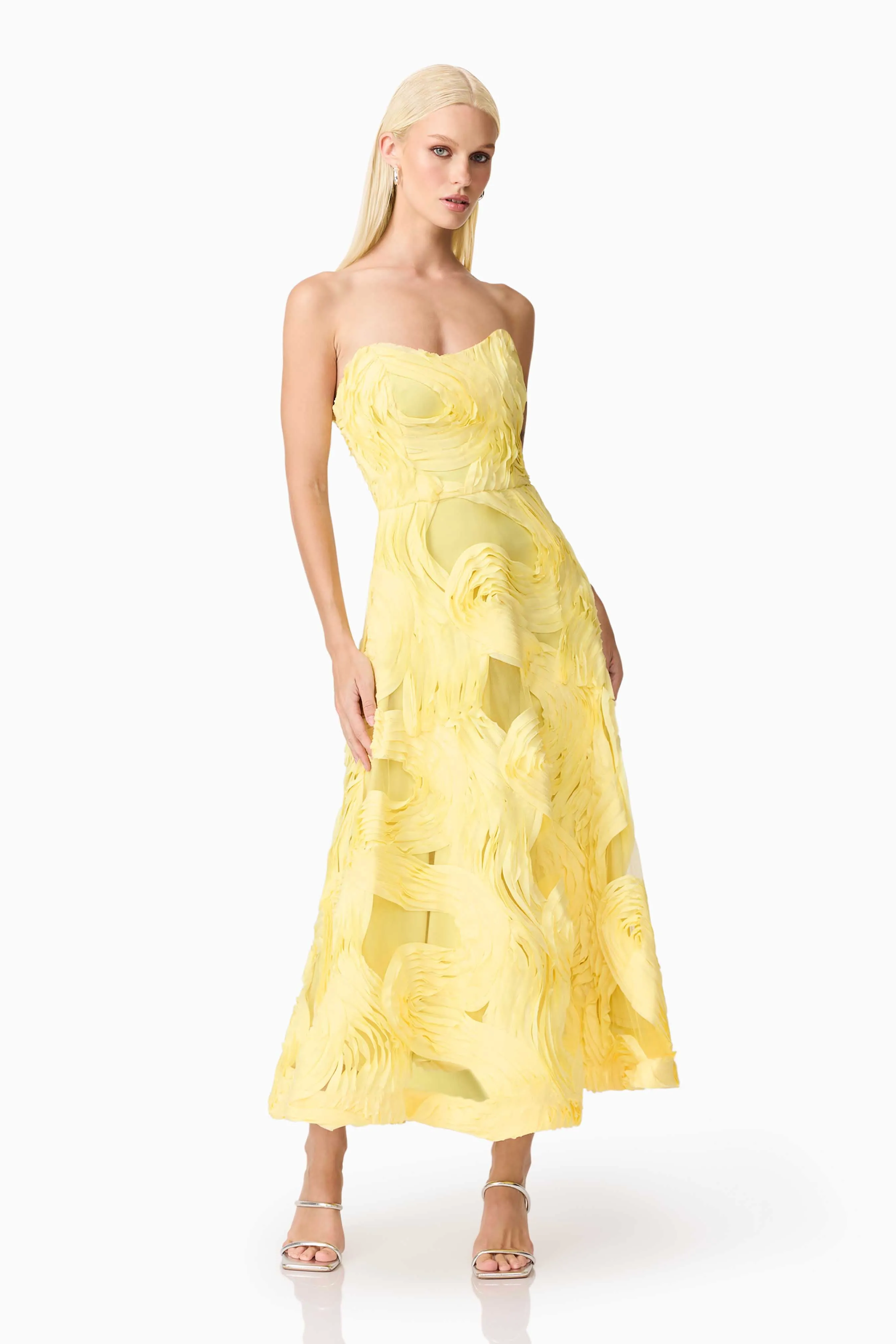 Structured Fit Asher Sweetheart Midi Dress in Yellow