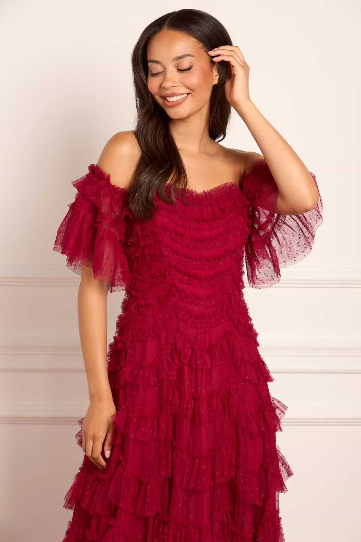 Influencer-Style Layered Volume Aviana Off-Shoulder Gown
