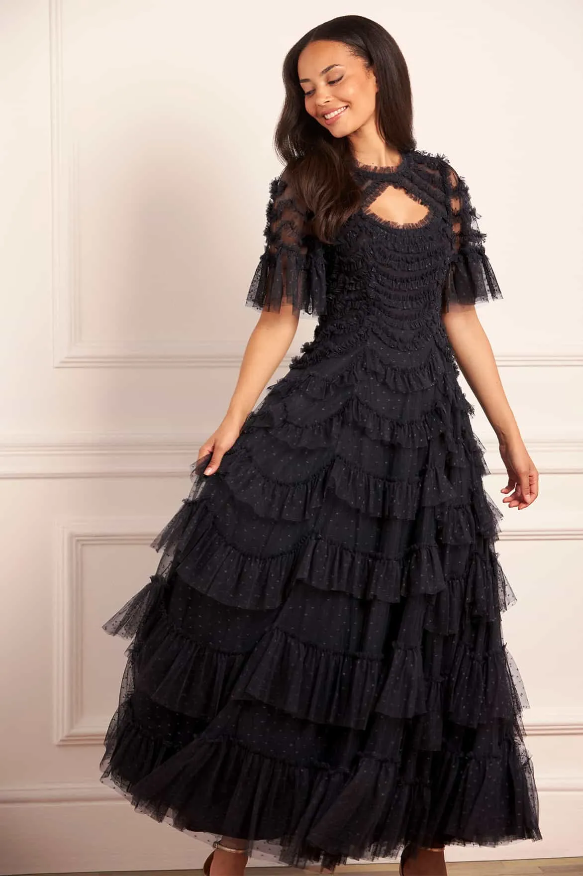 Aviana Short Sleeve Gown Flowing Layers Movement Feel