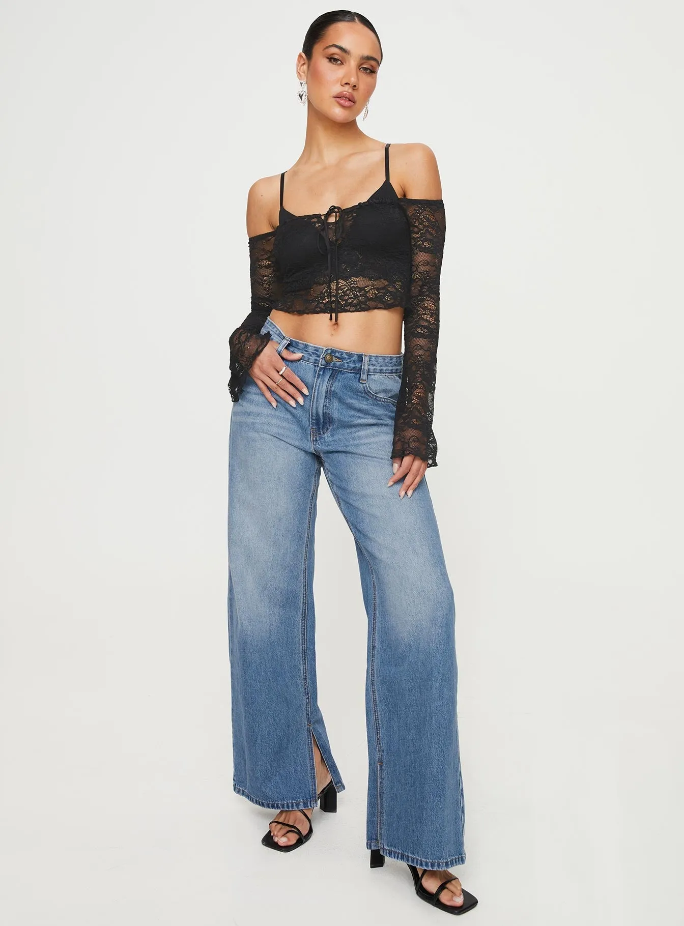 Azula Mid Rise Wide Leg Denim Jean Mid Blue No Gap Waist