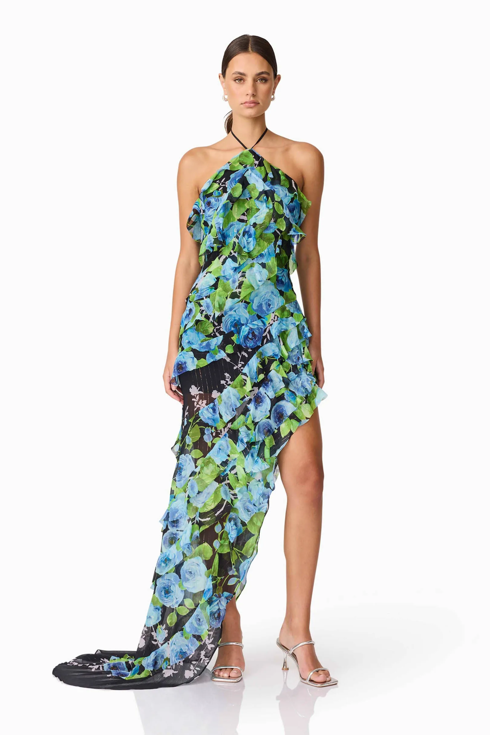 Briony Asymmetrical Maxi Dress in Black & Blue Floral Flowing Layers