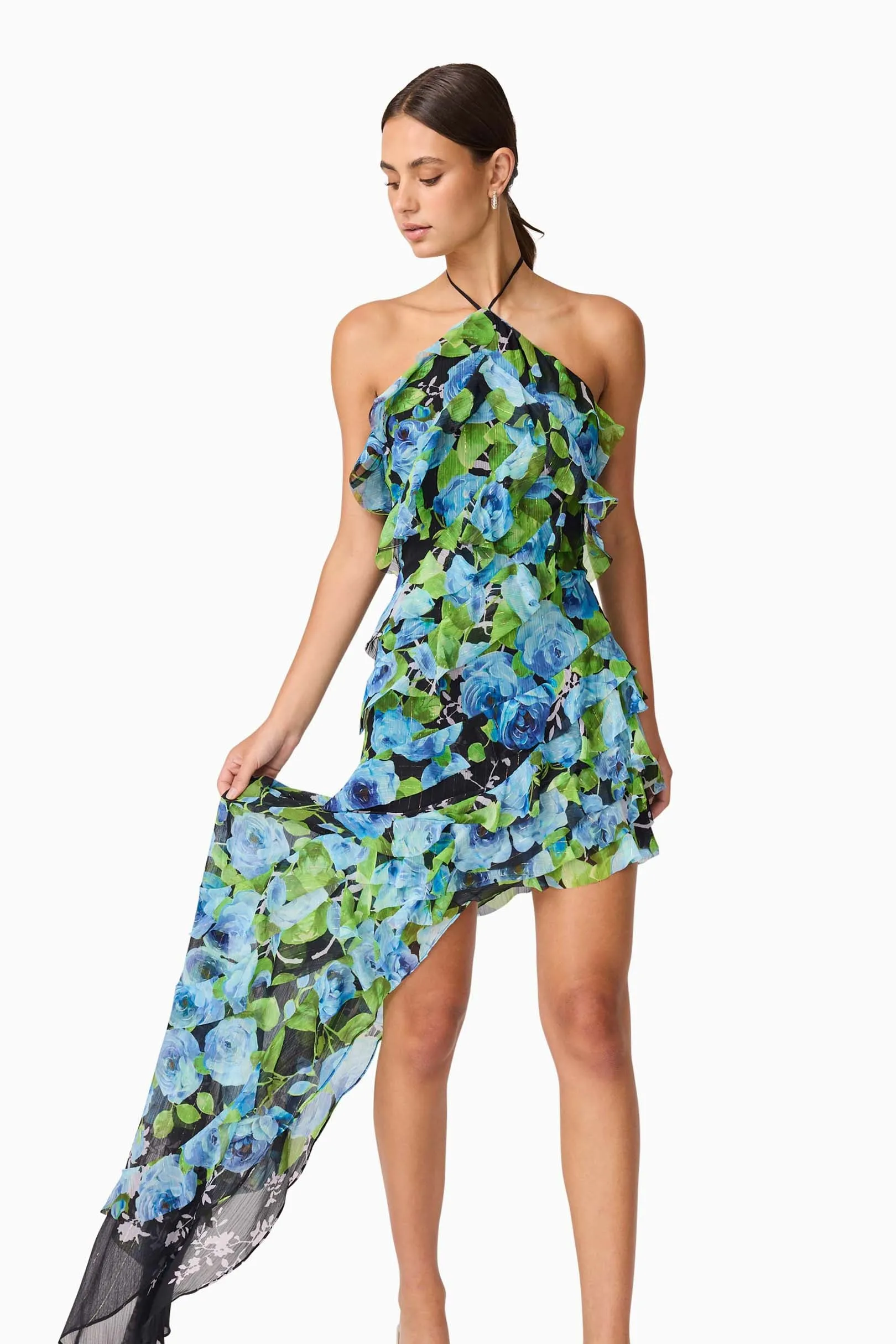Briony Asymmetrical Maxi Dress in Black & Blue Floral Soft Movement Satin-Finish