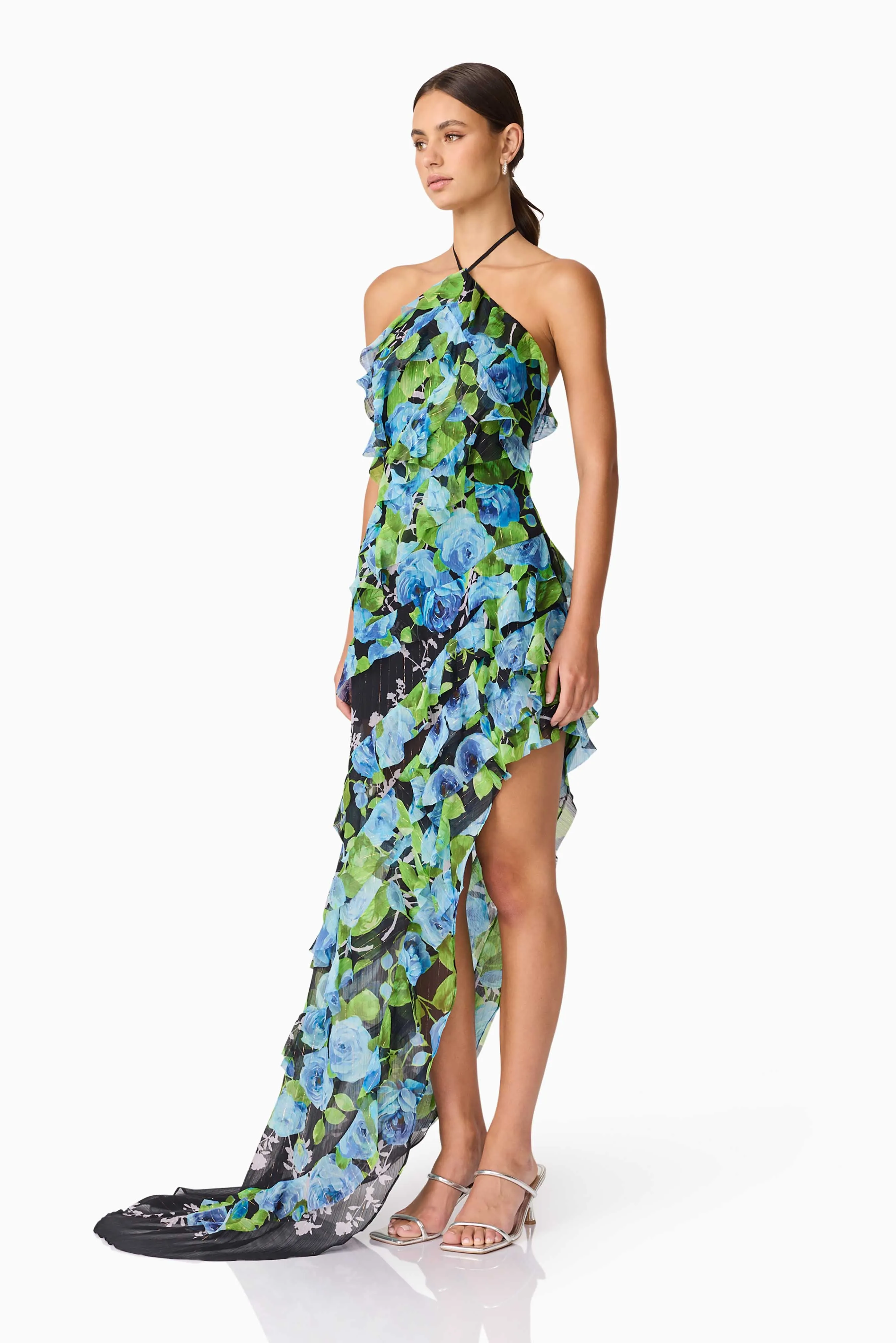 Fresh Combo Briony Asymmetrical Maxi Dress in Black & Blue Floral