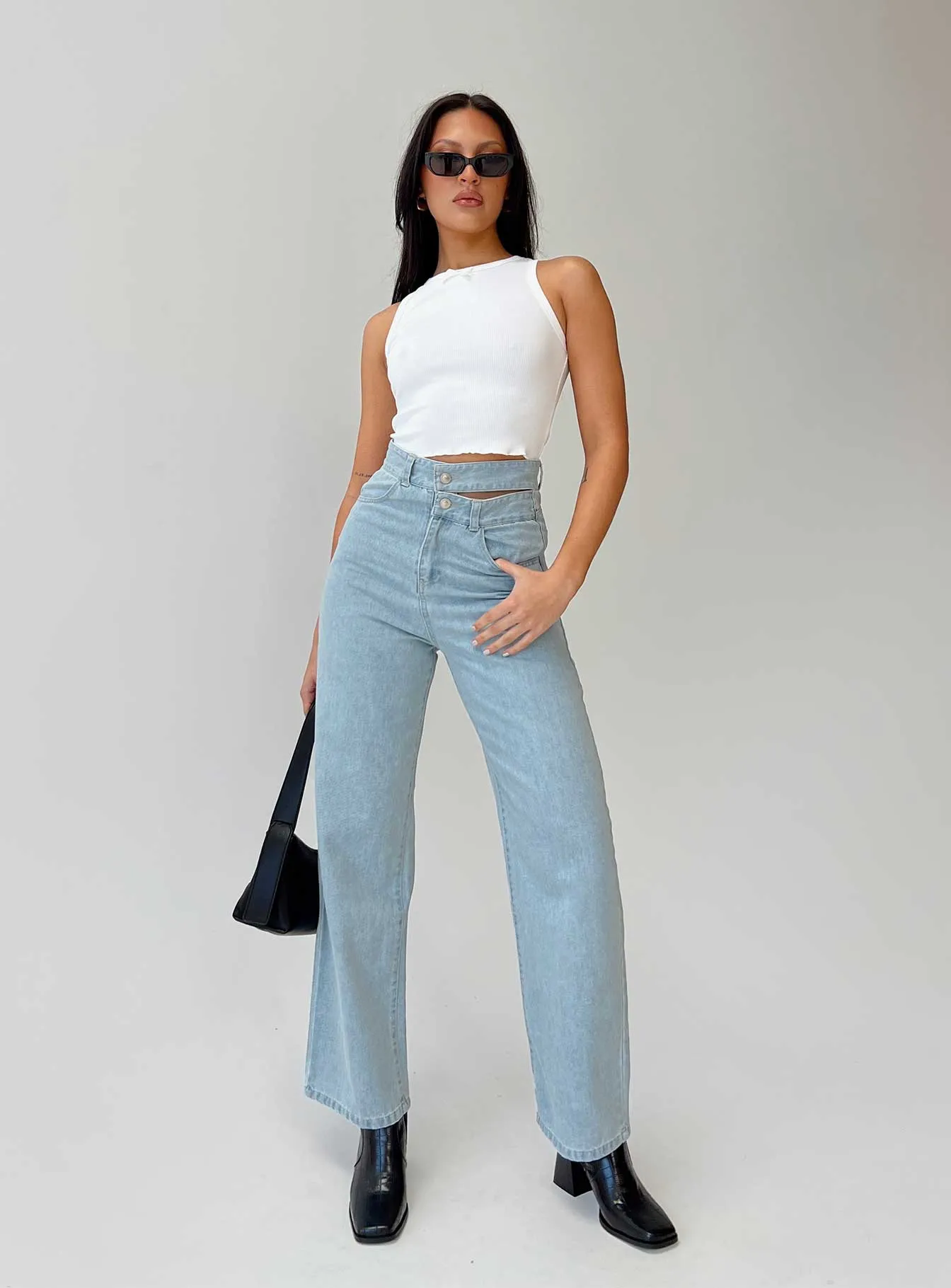 Minimal Aesthetic Lightweight Parent Style Durable Bansley Double Waistband Jeans Light Denim