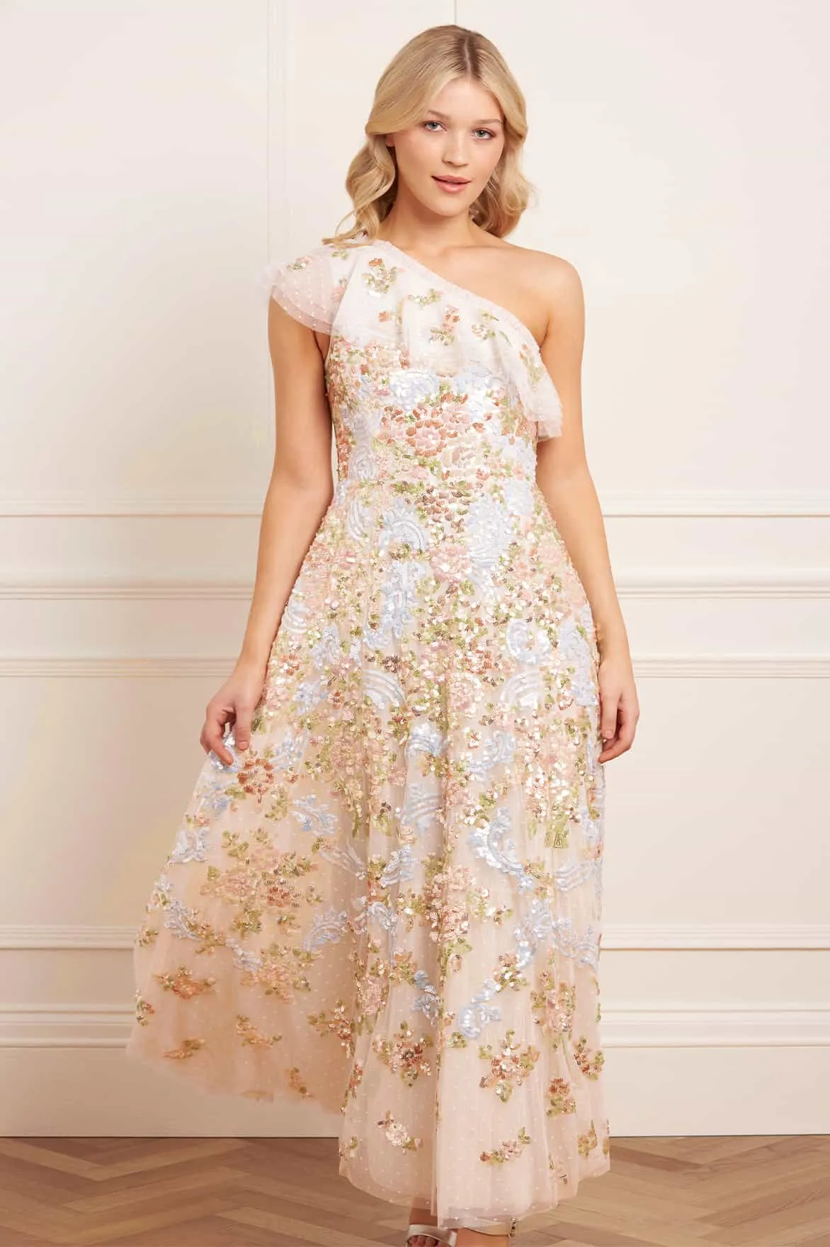 Office Layer Baroque Floral One-Shoulder Ankle Gown
