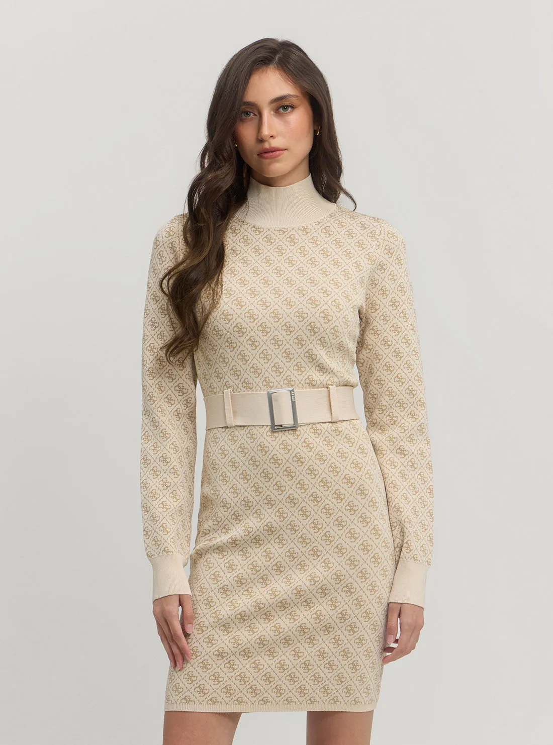 Beige Logo Belted Knit Midi Dress Smile Soft