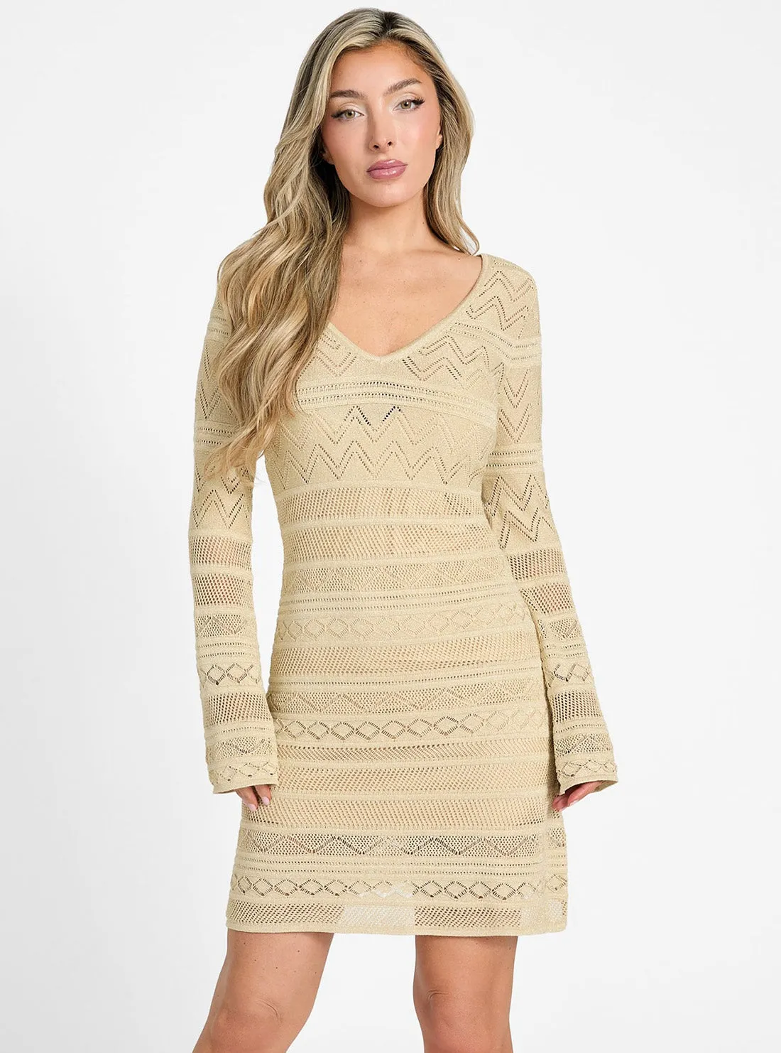 Feminine flowing piece Romantic Bloom Beige Nellie Mini Sweater Dress