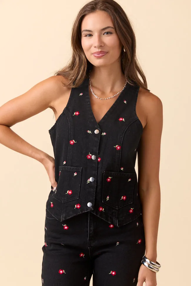 Quick Release Buckle Beneath The Moon Floral Embroidered Stretch Denim Vest Just Classically Cassidy X Pink Lily