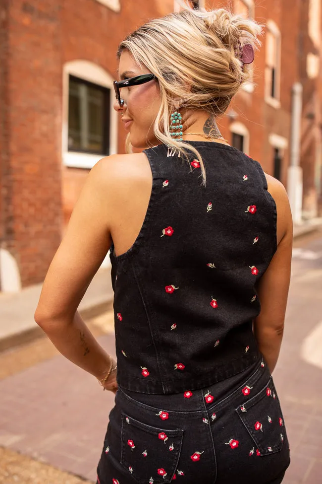 Beneath The Moon Floral Embroidered Stretch Denim Vest Just Classically Cassidy X Pink Lily Warmth Retention Technology SeamlessBonding