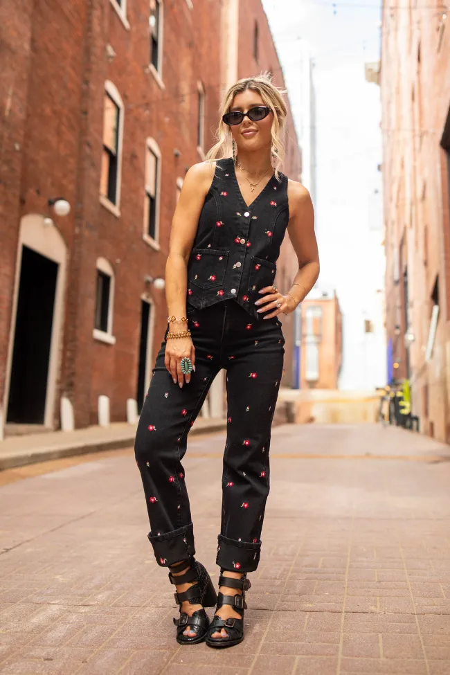 Beneath The Moon Floral Embroidered Stretch Denim Vest Just Classically Cassidy X Pink Lily Slip Resistant Grip