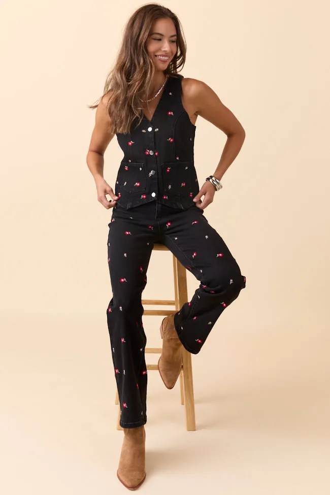 Fleece Inside Beneath The Moon Floral Embroidered Stretch Denim Vest Just Classically Cassidy X Pink Lily