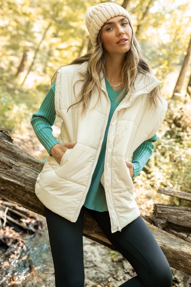 Best Bet Cream Oversized Puffer Vest SALE Multi Pocket Functionality Soft Fleece Interior