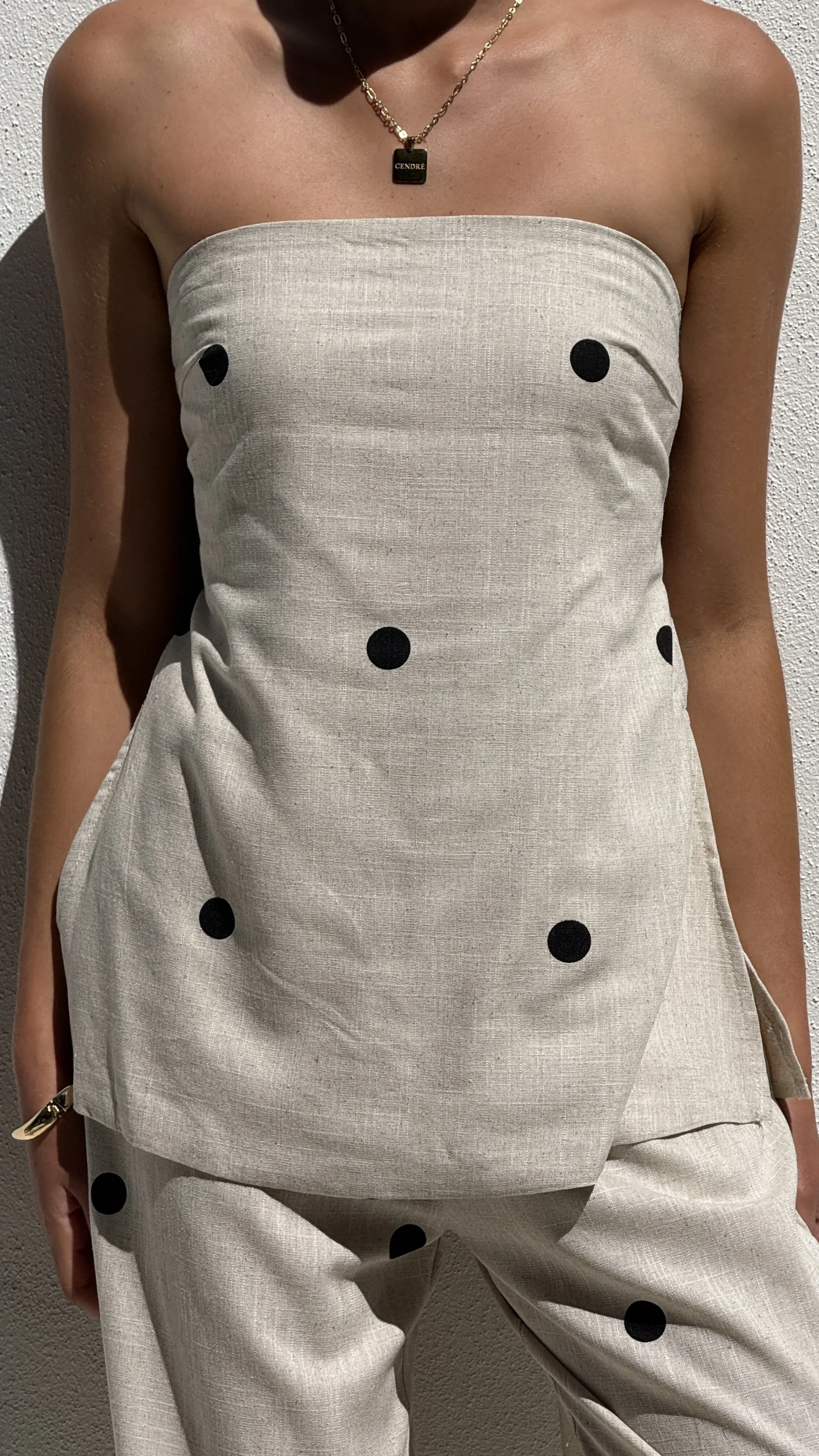 Kailani Strapless Top and Pants Set - Oatmeal / Black Polka Dot DurableCoverstitch DoubleStitched