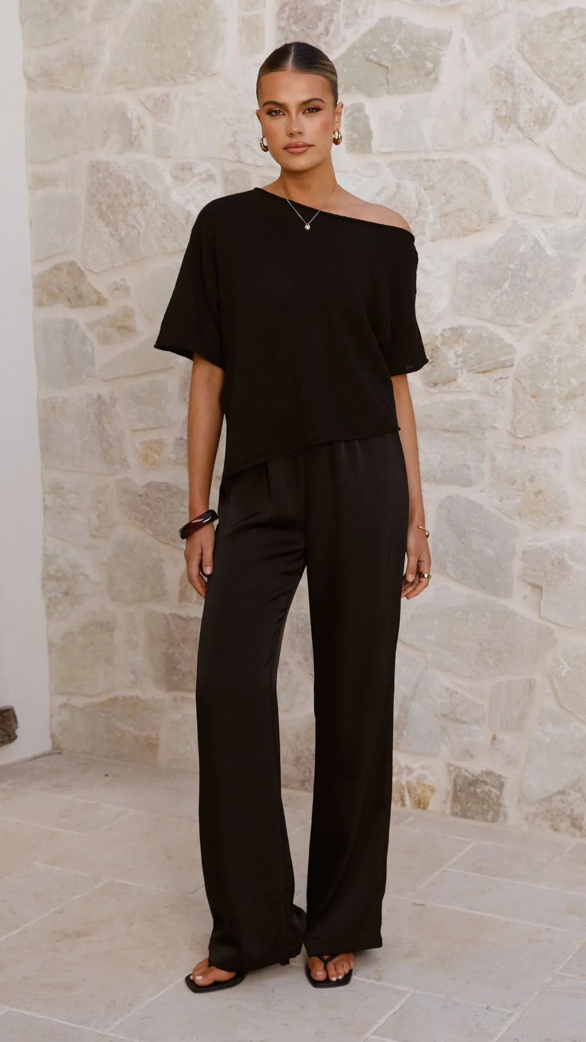 Blair Off Shoulder Tee - Black WrinkleResistant Finish Vegan Mood