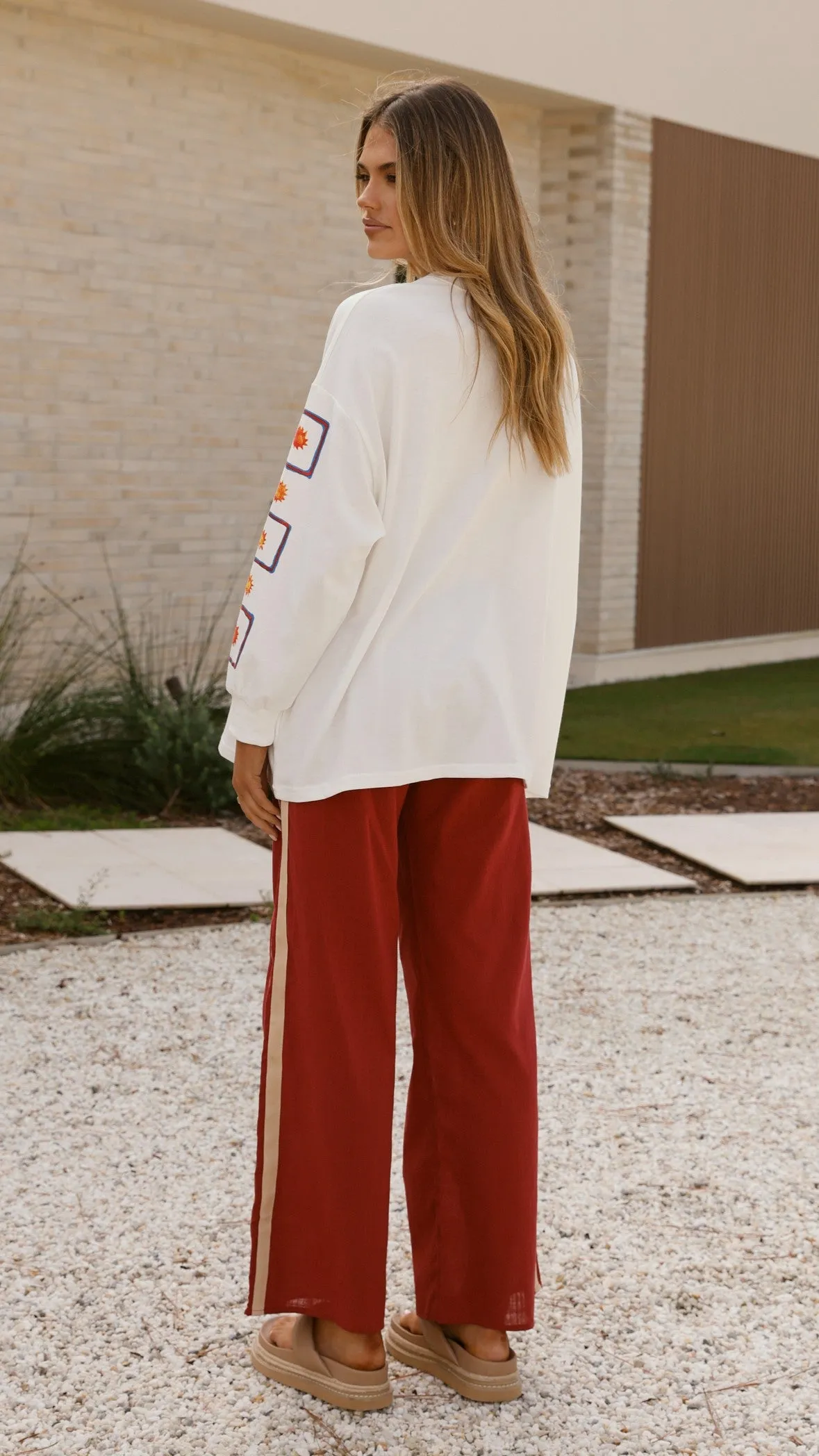 Linen Soul Wandering Heart Long Sleeve Top and Pants Set - Dark Red