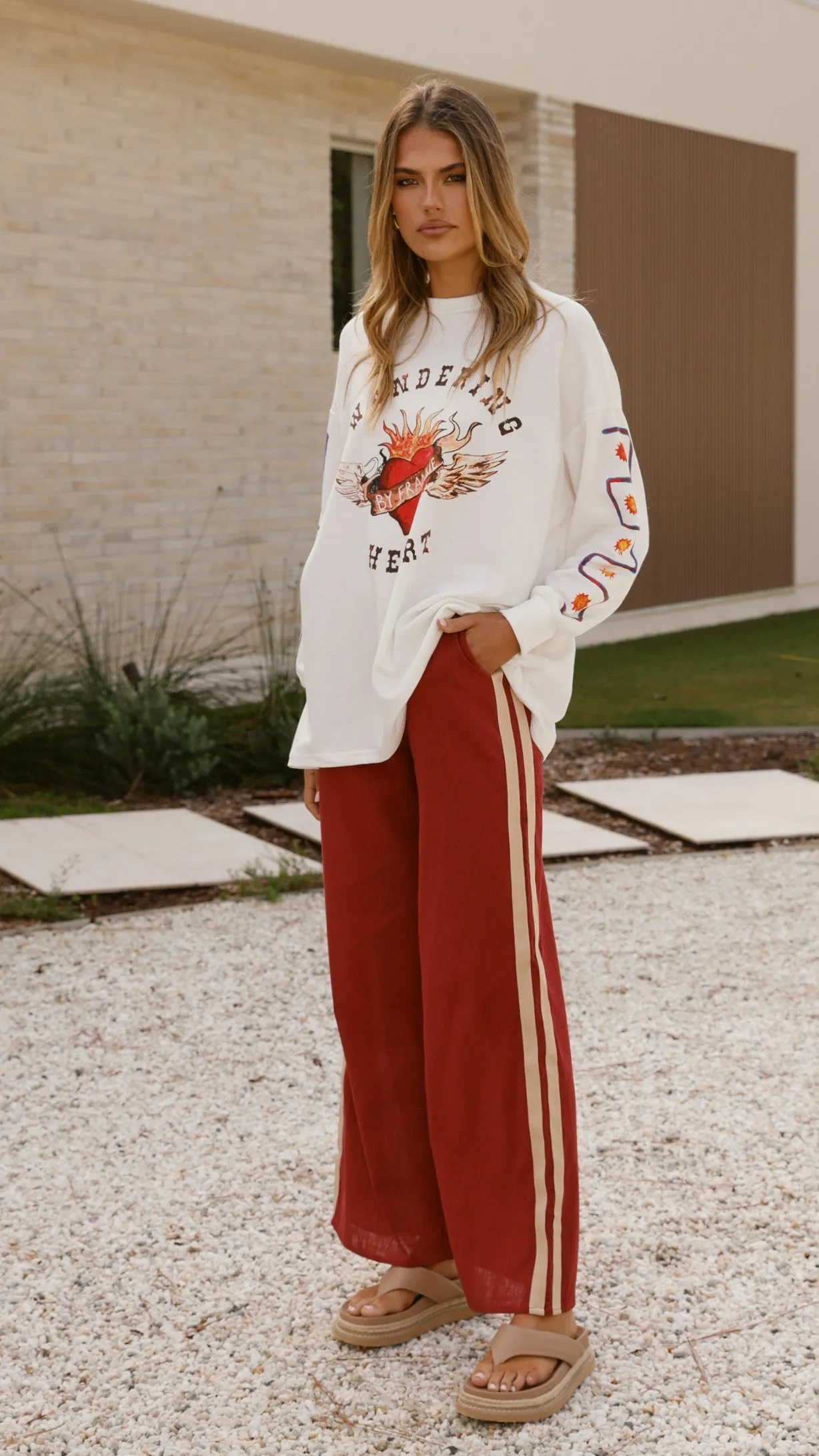 Comfy Style Peace Core Wandering Heart Long Sleeve Top and Pants Set - Dark Red