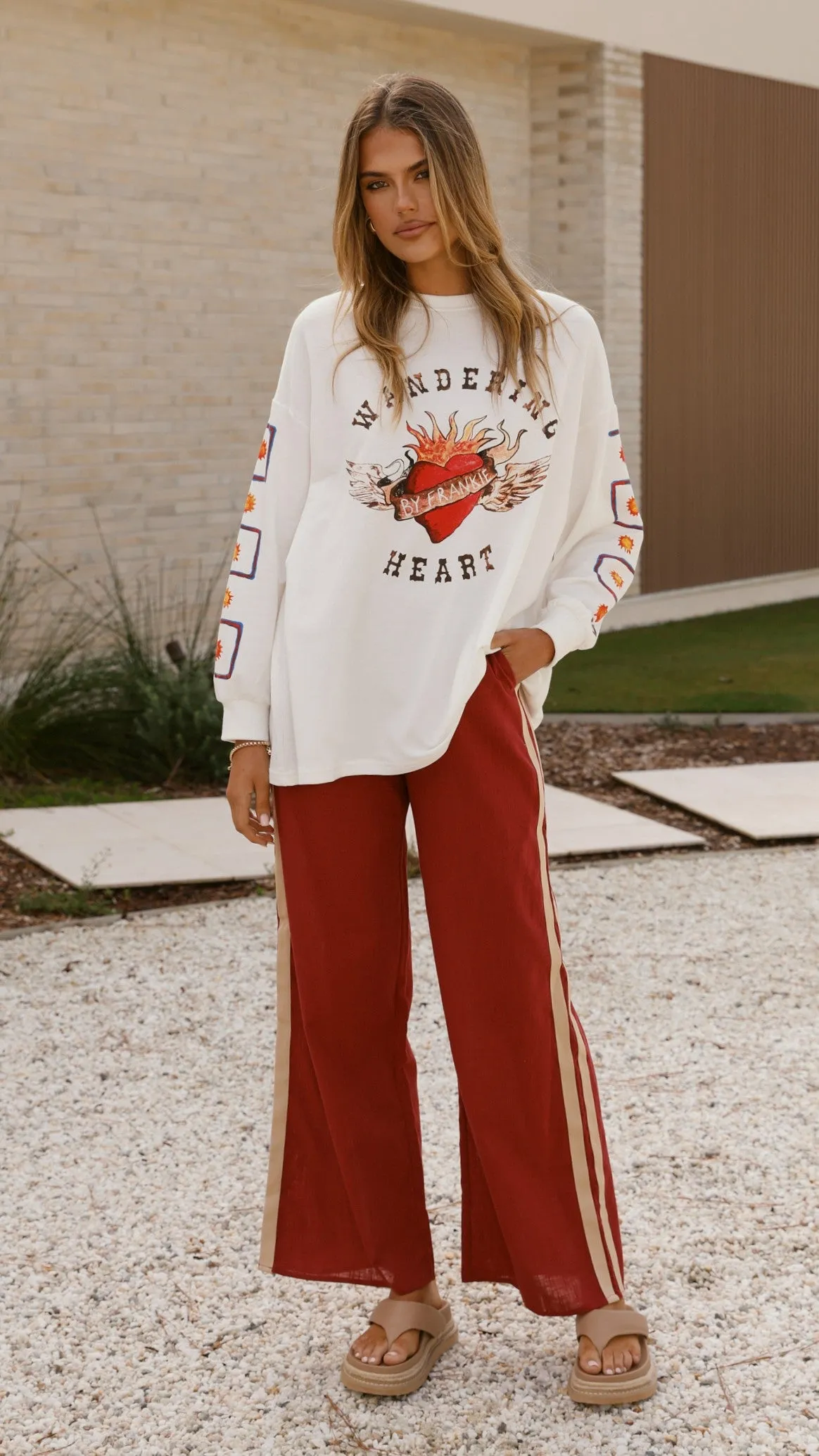 Wandering Heart Long Sleeve Top and Pants Set - Dark Red StaticResistant Heart Glow