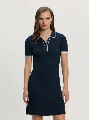 Nordic Plain Draped-Style Blue Thalia Polo Mini Sweater Dress