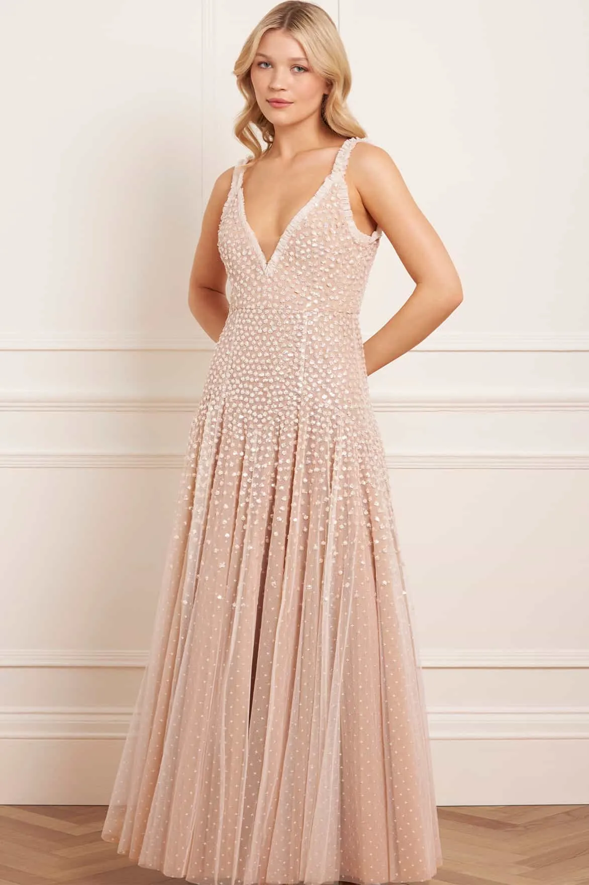 Sleek Volume Sequin Cascade Cami Plunge Gown