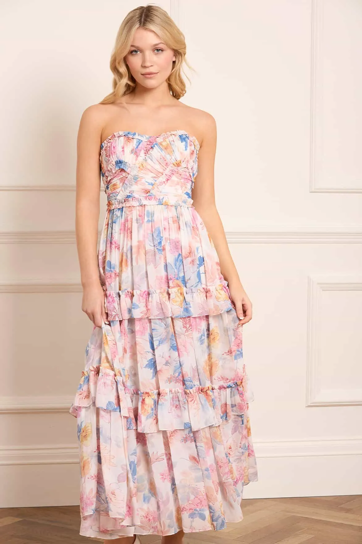 Everyday-Use Mariannes Floral Chiffon Strapless Ankle Gown