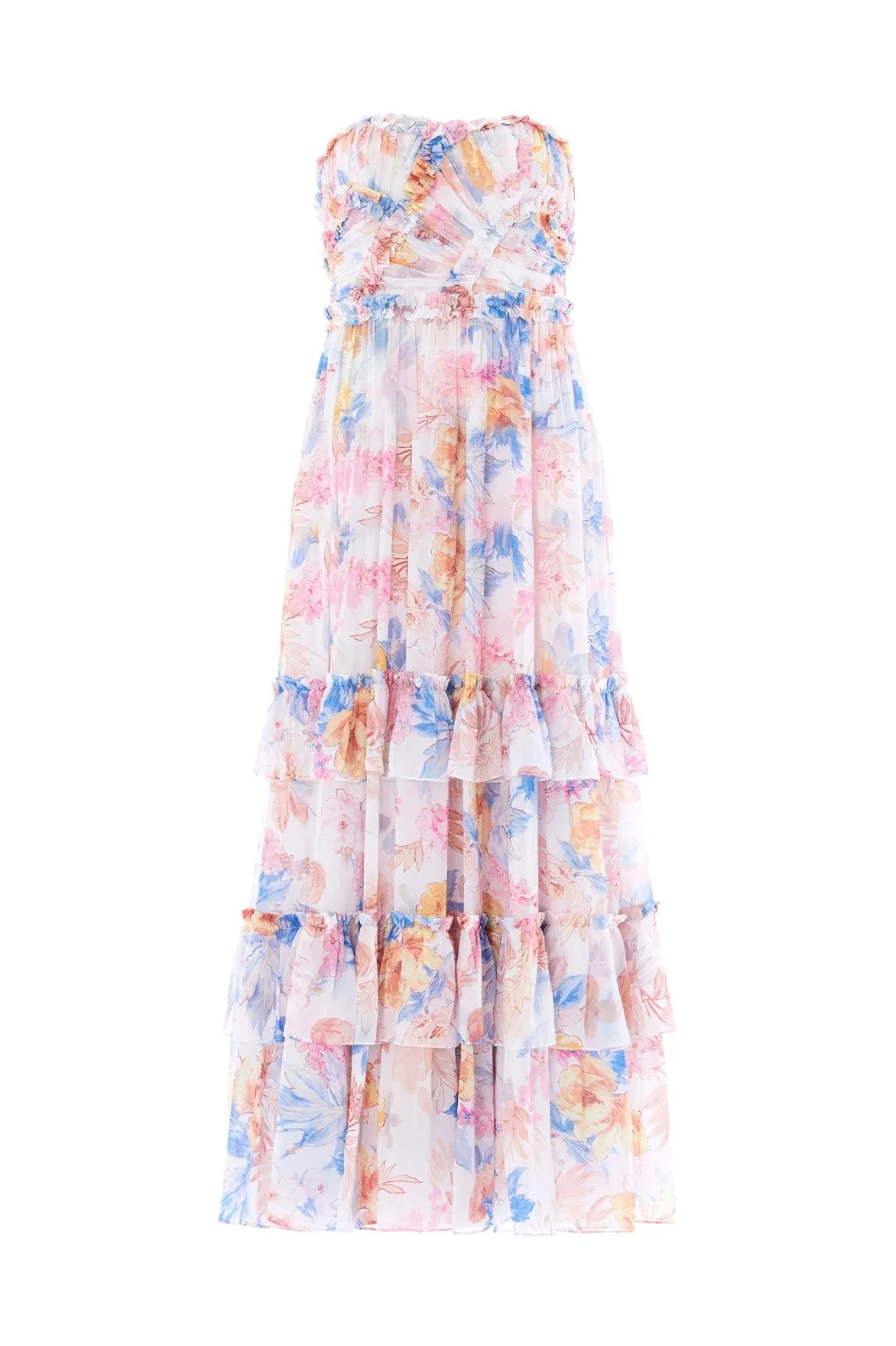 Sleek Outline Mariannes Floral Chiffon Strapless Ankle Gown