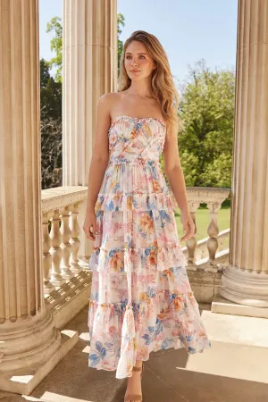 Mariannes Floral Chiffon Strapless Ankle Gown Soft Layering wrap waist