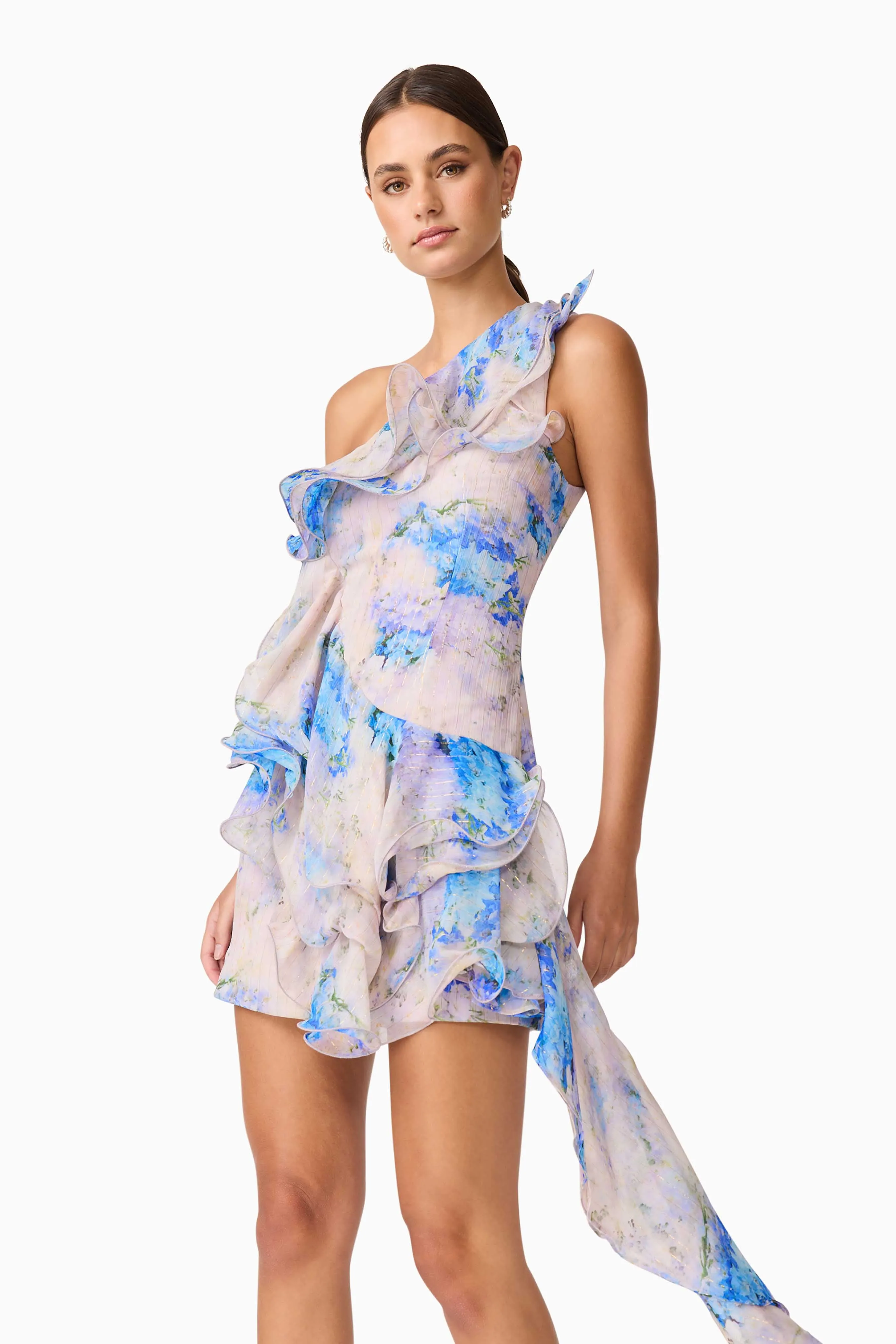 Briony Asymmetrical Mini Dress in Pink & Blue Floral Fashionable Design Smart Tailoring