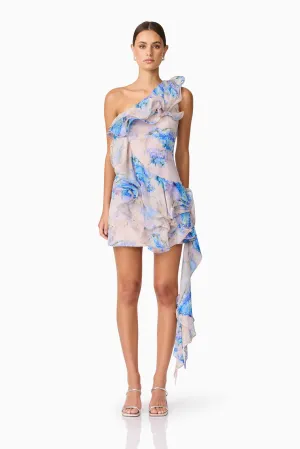 Briony Asymmetrical Mini Dress in Pink & Blue Floral Smart and Sleek