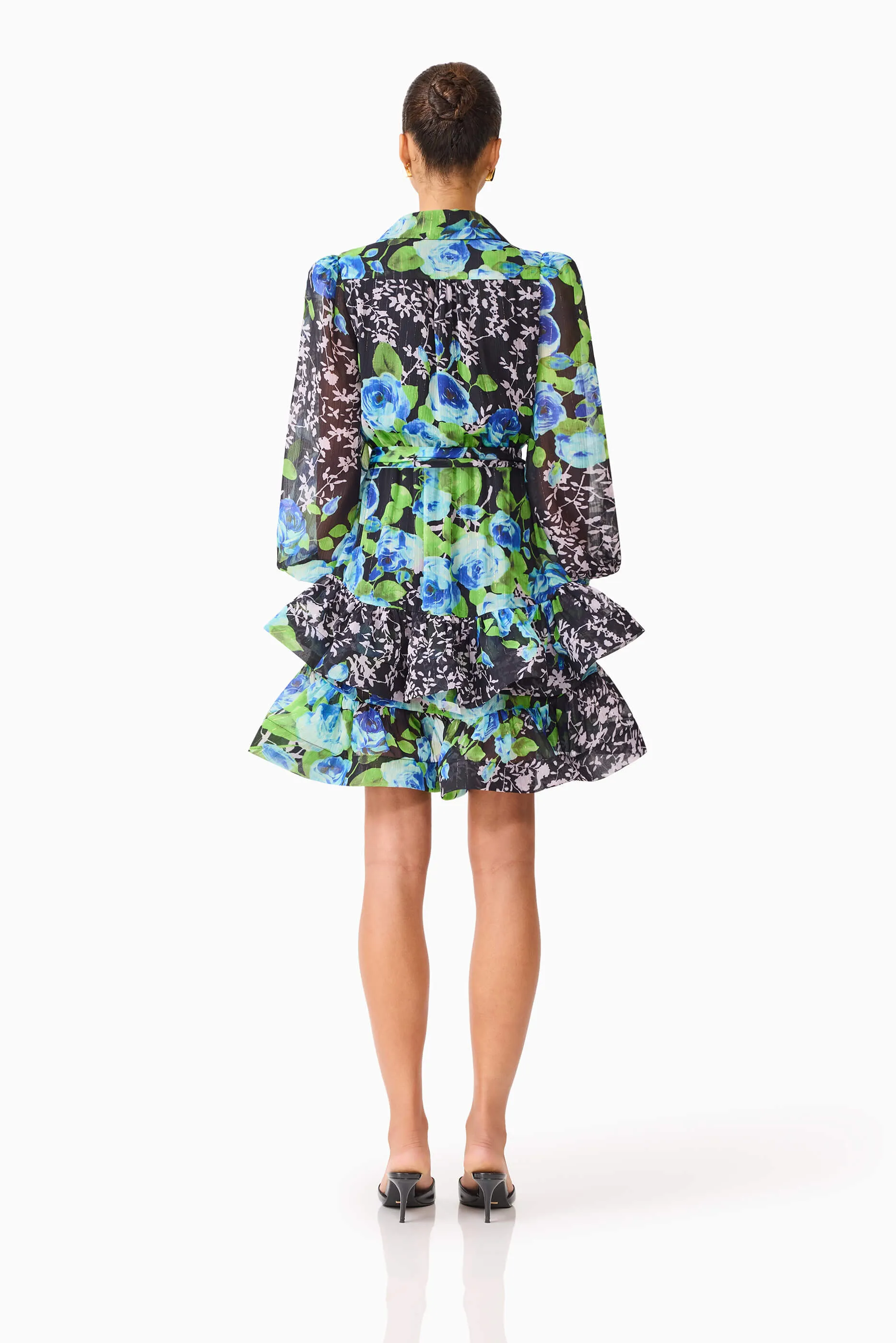 Briony Long Sleeve Mini Dress in Black Floral Sunset Glow