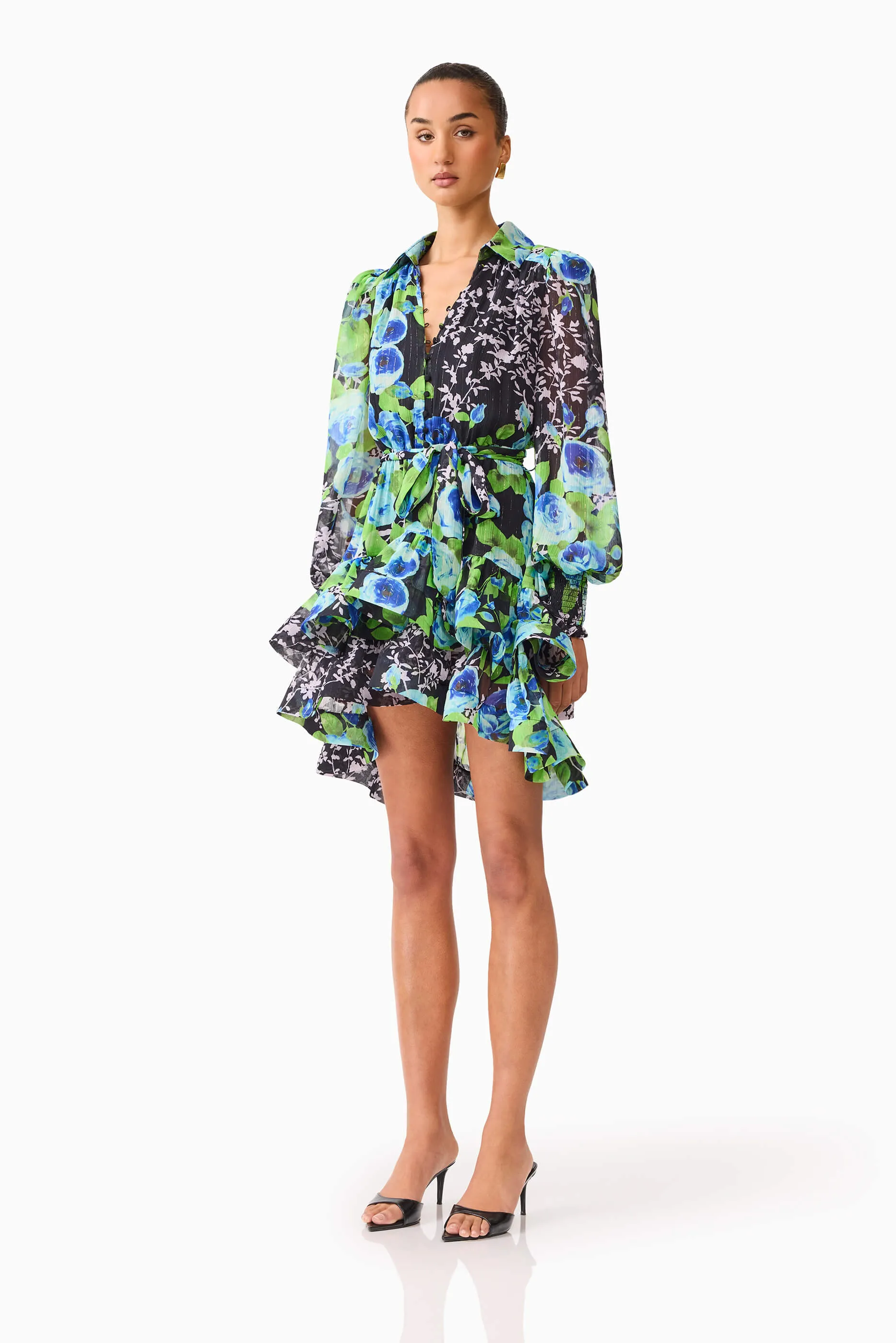 Briony Long Sleeve Mini Dress in Black Floral Airy Weave